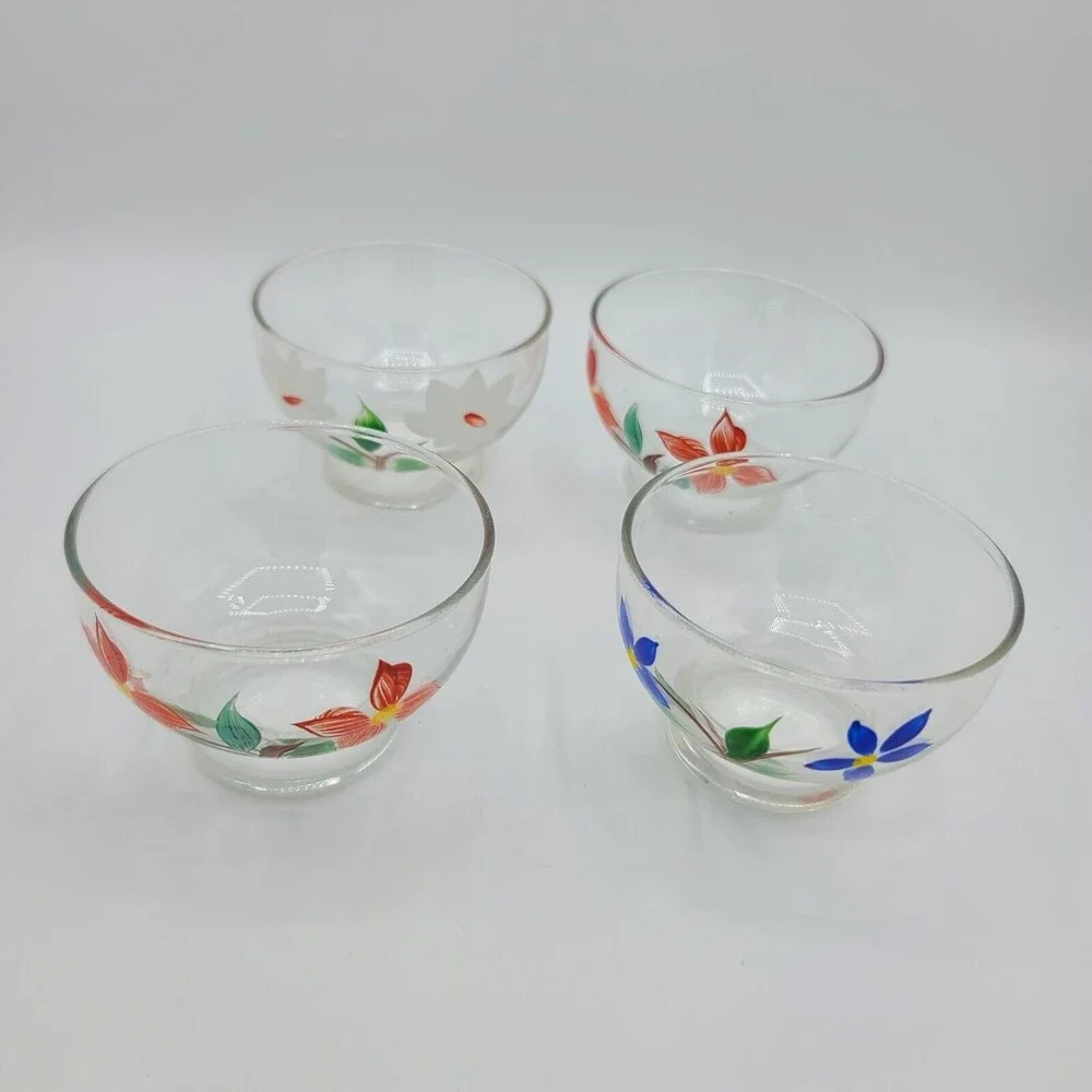 Hand Painted Clear Glass Sauce Floral Bowls Set Of 4